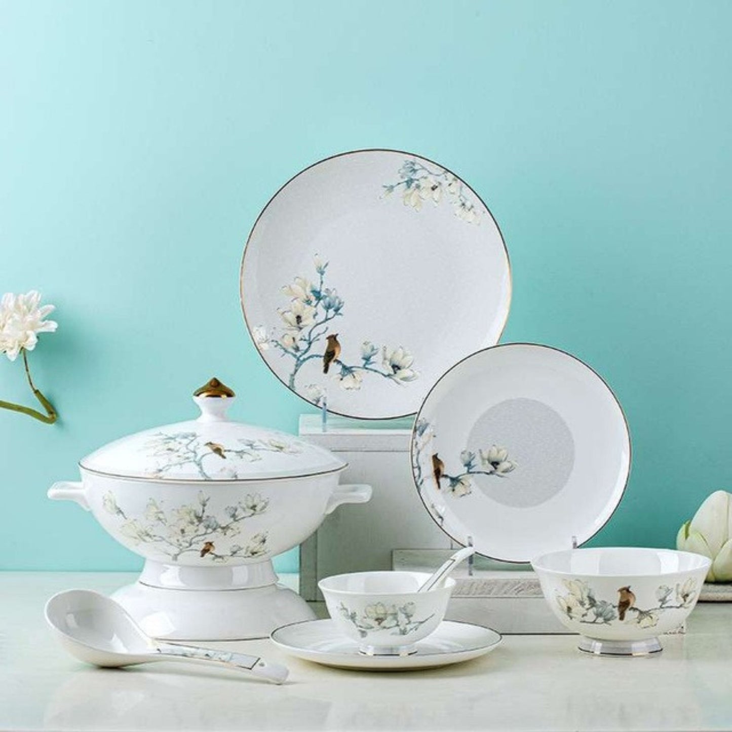 Birdsong & Blossoms bone china crockery set with white and blue floral design