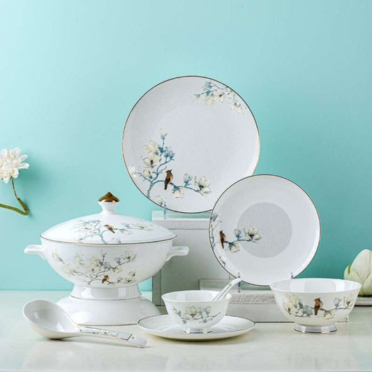 Birdsong & Blossoms bone china crockery set with white and blue floral design