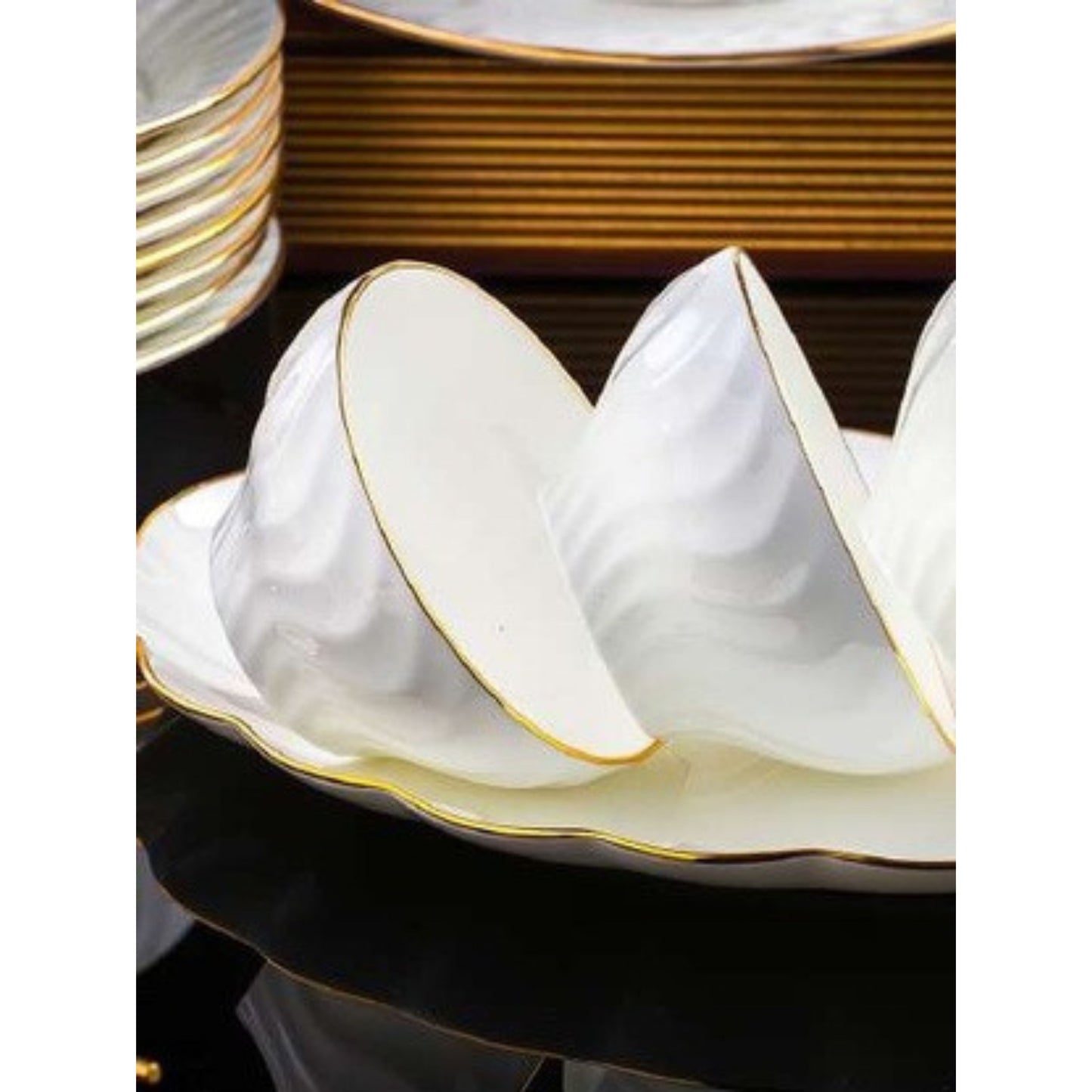 Watermark bone china crockery set with simple wavy pattern and golden edges