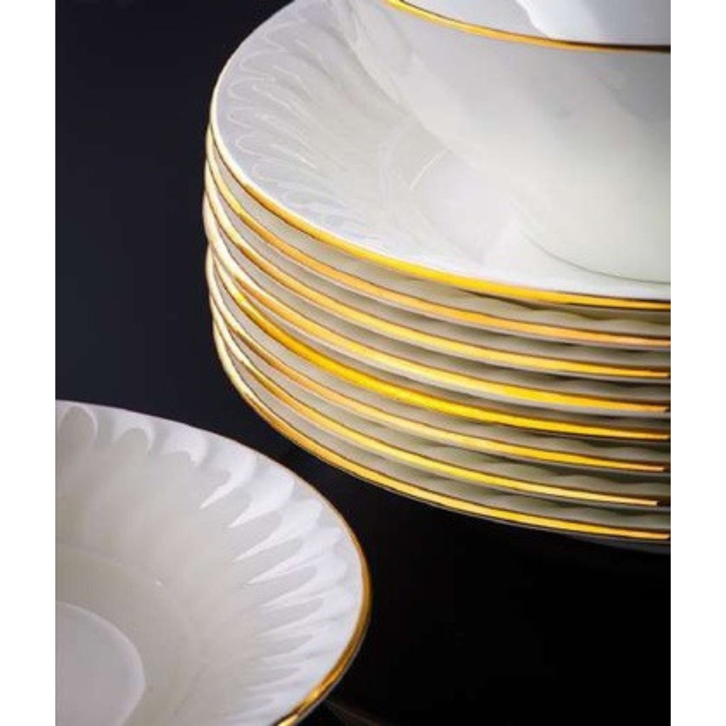 Watermark bone china crockery set with simple wavy pattern and golden edges