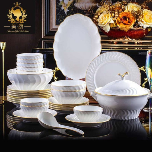 Watermark bone china crockery set with simple wavy pattern and golden edges