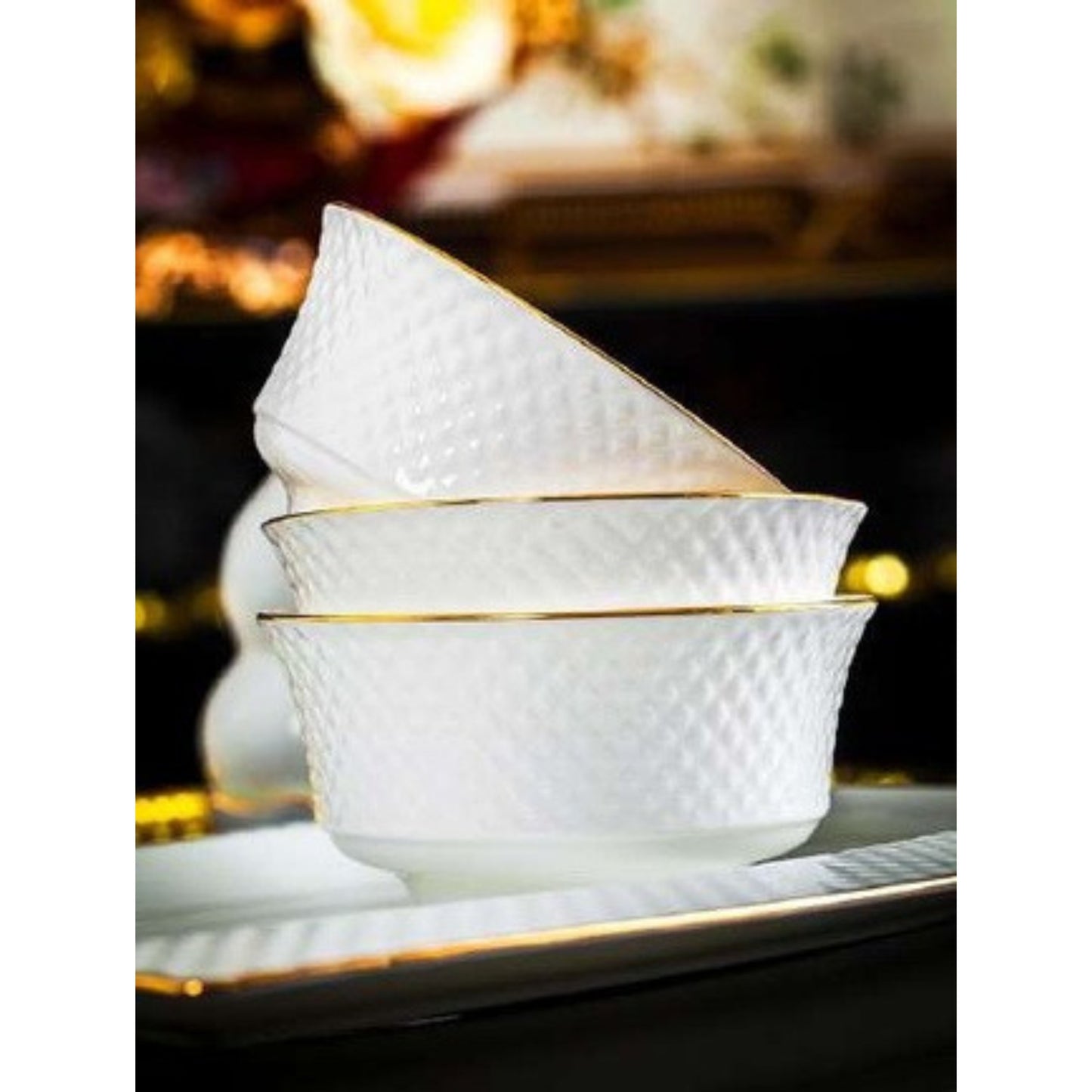 Diamond bone china crockery set with simple dotted pattern and golden edges