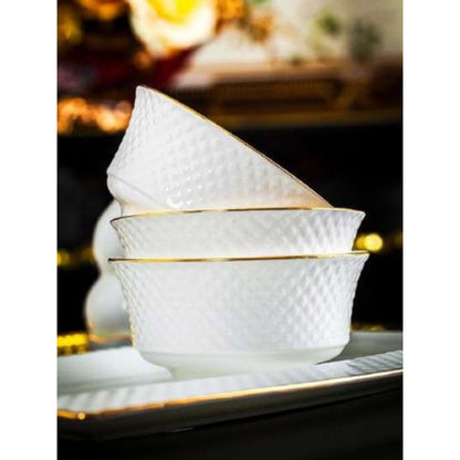 Diamond bone china crockery set with simple dotted pattern and golden edges