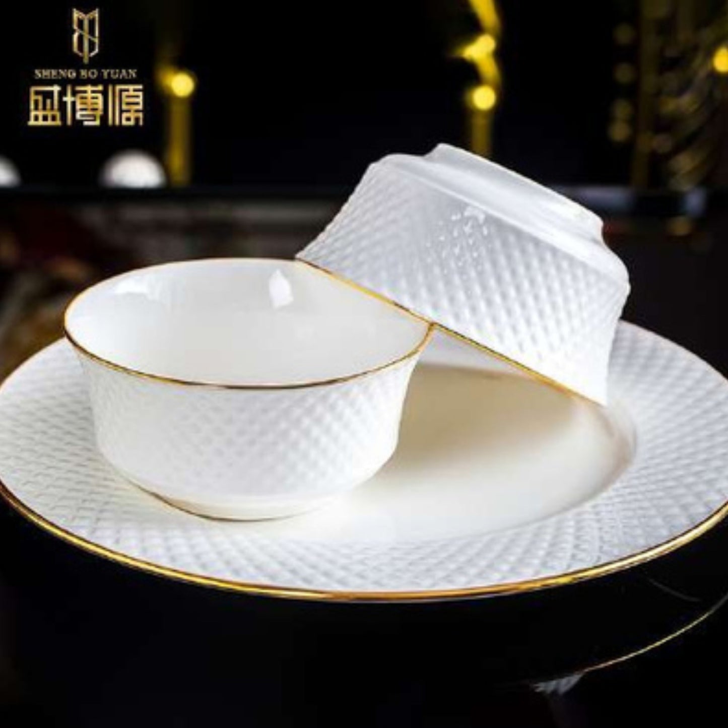 Diamond bone china crockery set with simple dotted pattern and golden edges