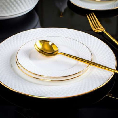 Diamond bone china crockery set with simple dotted pattern and golden edges