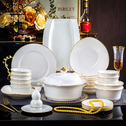 Diamond bone china crockery set with simple dotted pattern and golden edges