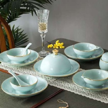 Celadon Elegance high white porcelain crockery set in light blue with golden edges