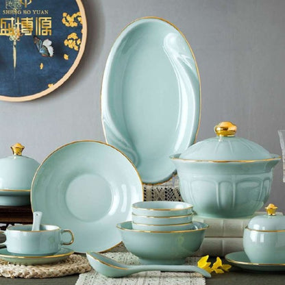 Celadon Elegance high white porcelain crockery set in light blue with golden edges