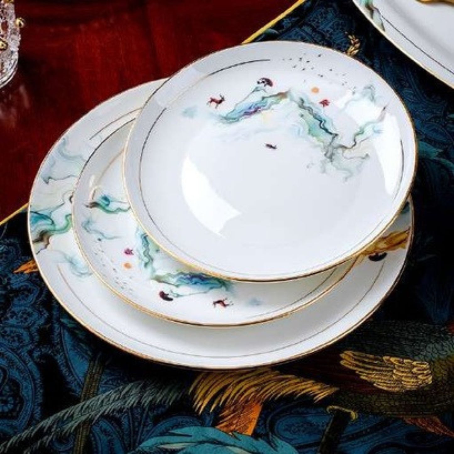 Ink Wash Floral bone china crockery set with light blue floral design and golden edges