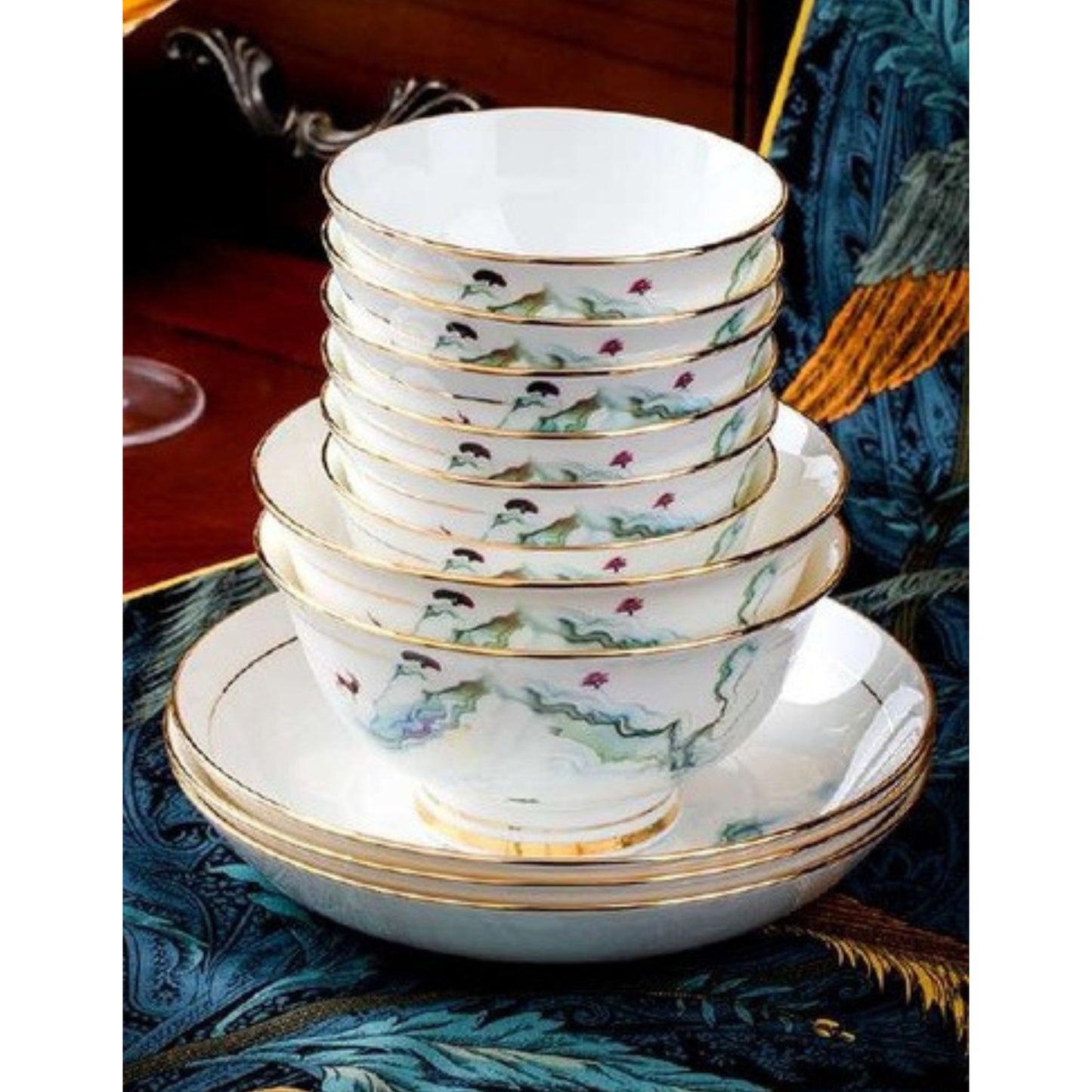 Ink Wash Floral bone china crockery set with light blue floral design and golden edges