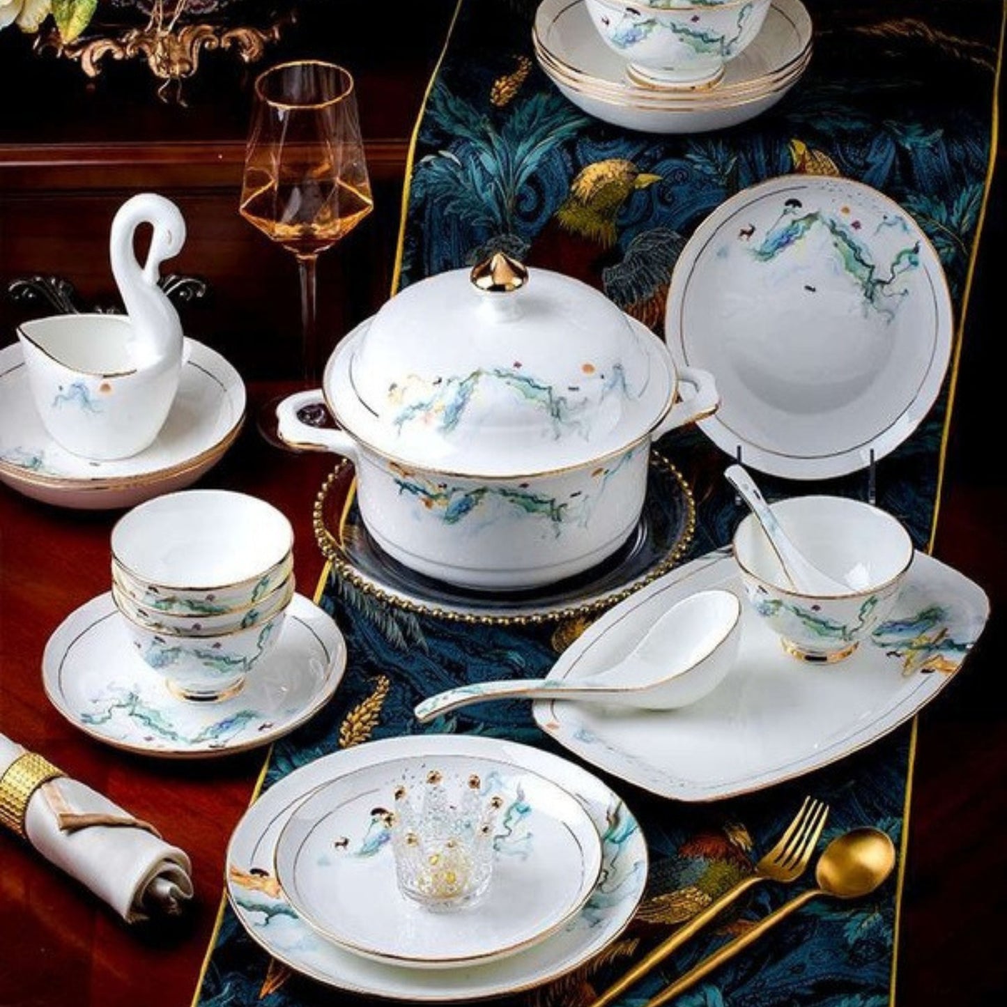 Ink Wash Floral bone china crockery set with light blue floral design and golden edges