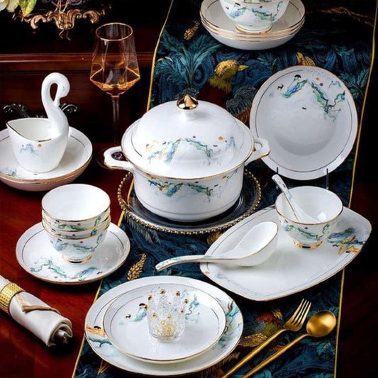 Ink Wash Floral bone china crockery set with light blue floral design and golden edges