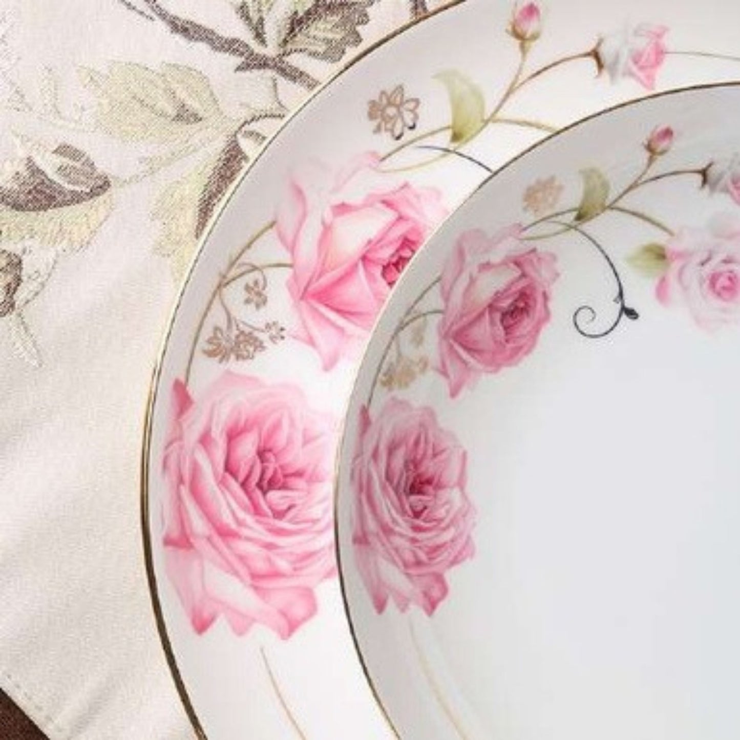 Blushing Beauty bone china crockery set with pink flower design and golden edges
