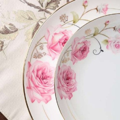 Blushing Beauty bone china crockery set with pink flower design and golden edges