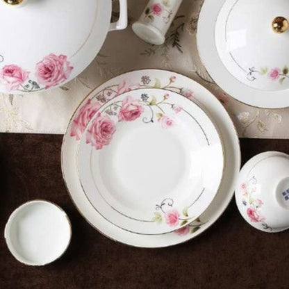 Blushing Beauty bone china crockery set with pink flower design and golden edges