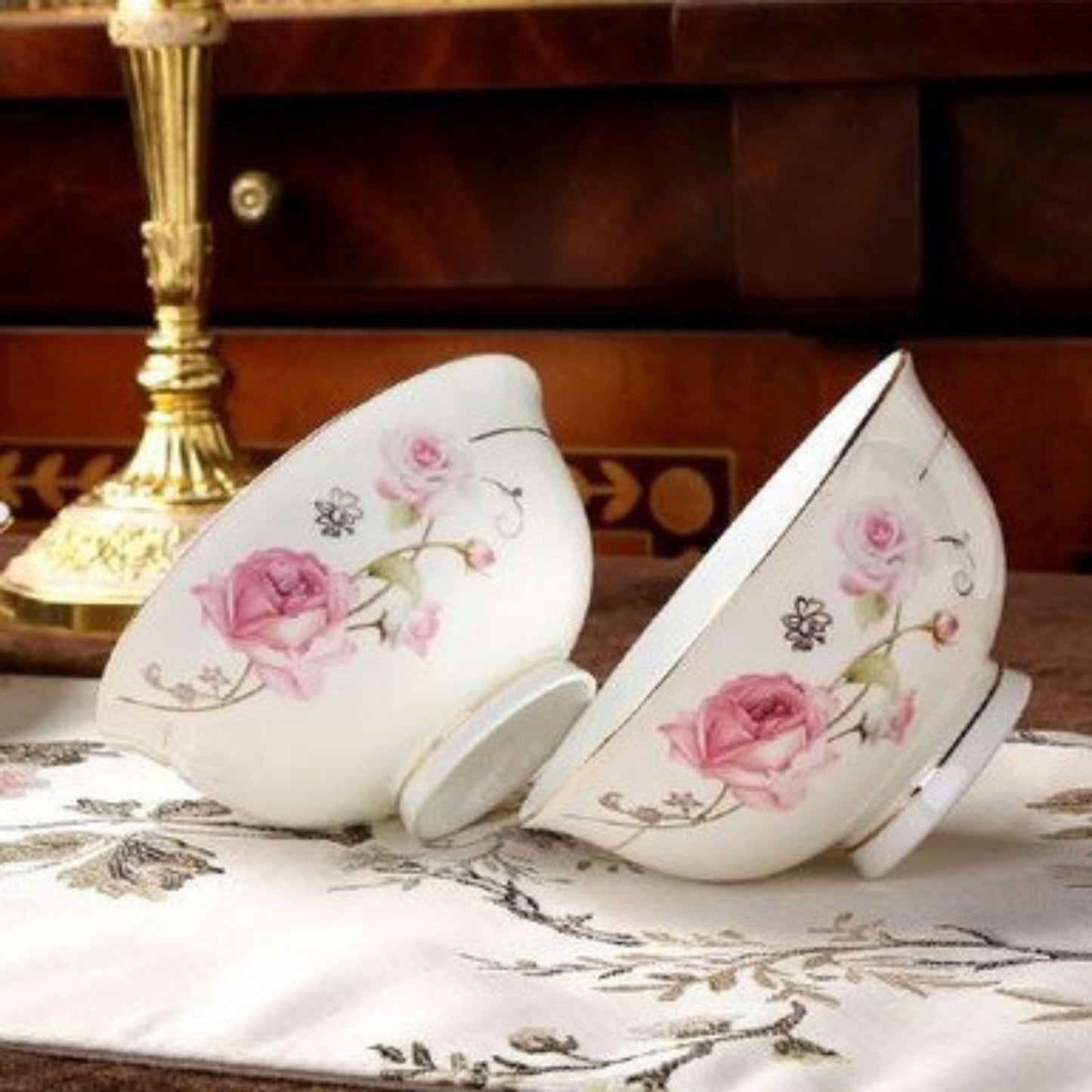 Blushing Beauty bone china crockery set with pink flower design and golden edges