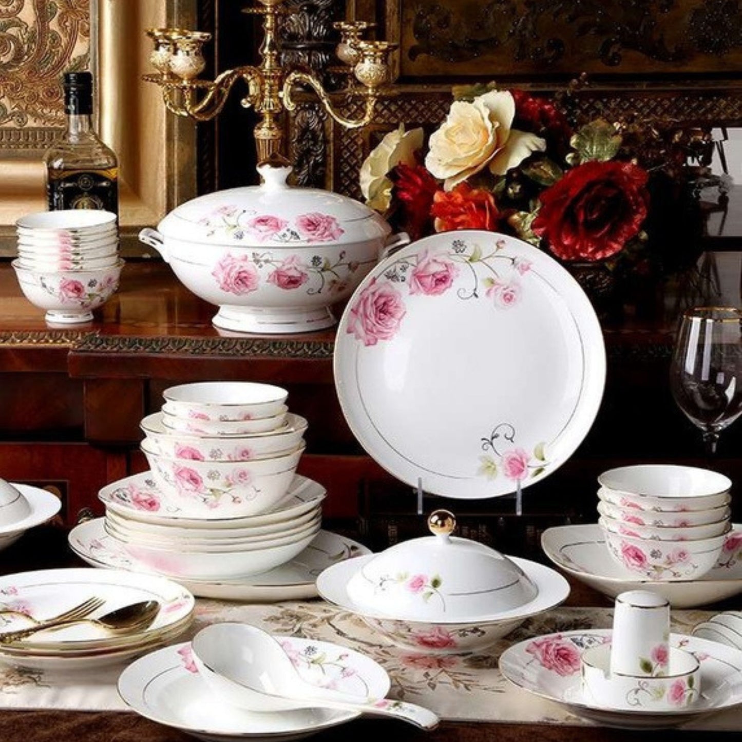 Blushing Beauty bone china crockery set with pink flower design and golden edges