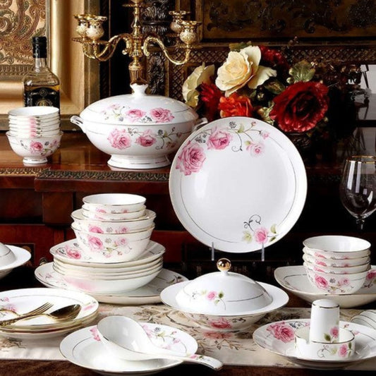 Blushing Beauty bone china crockery set with pink flower design and golden edges