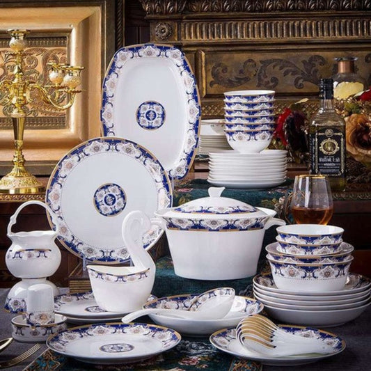 Chinese Dream bone china crockery set with dark blue floral design