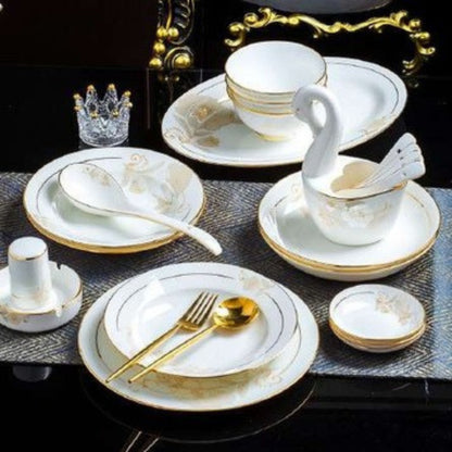 Radiant Bloom bone china crockery set with golden floral design and golden edges
