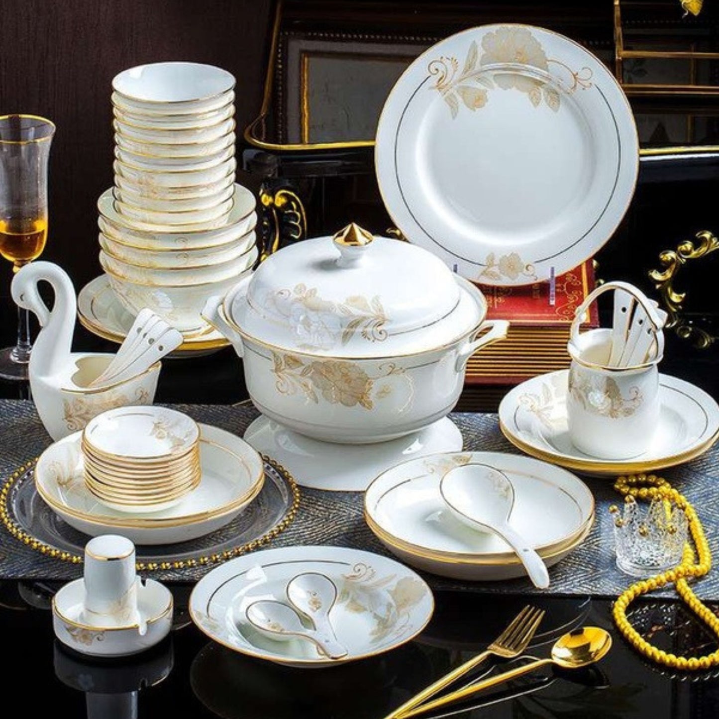 Radiant Bloom bone china crockery set with golden floral design and golden edges