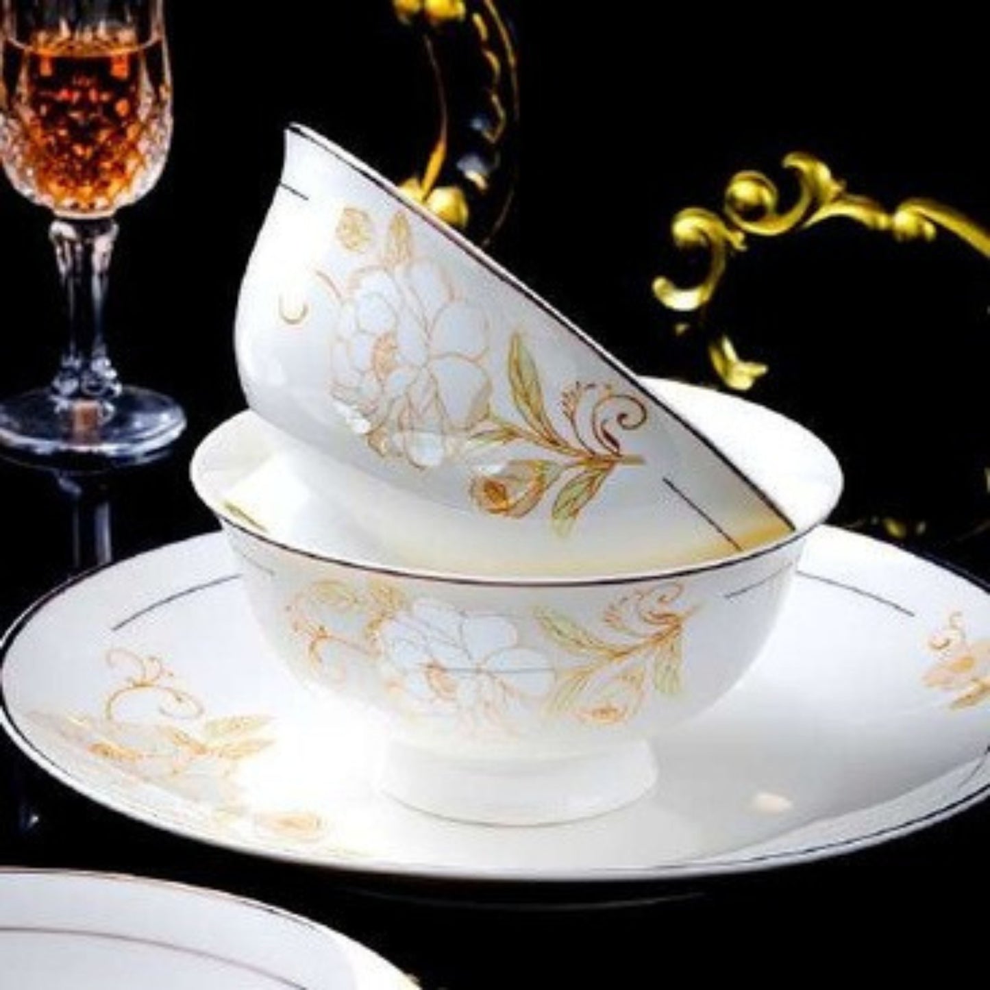 Starry World bone china crockery set with golden floral design and golden edges
