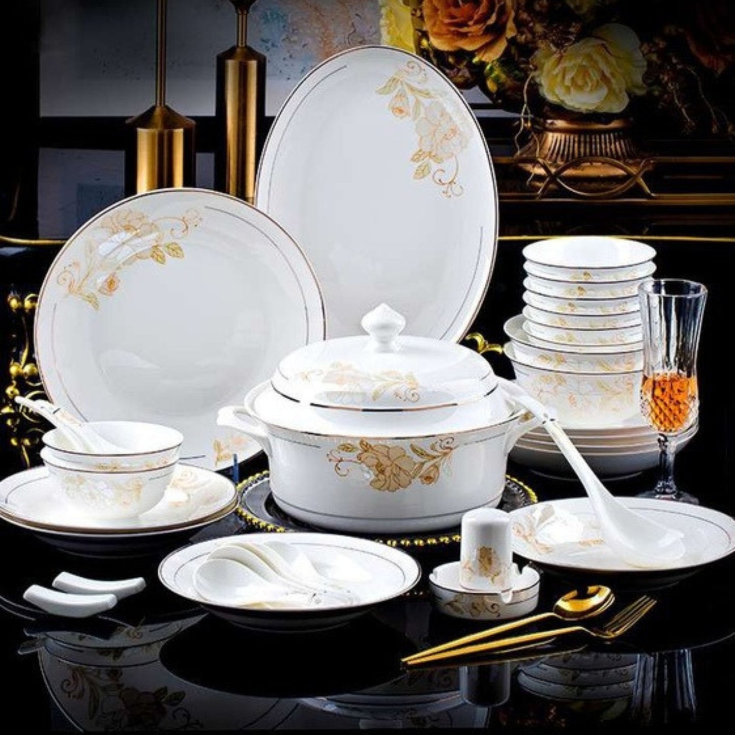 Starry World bone china crockery set with golden floral design and golden edges
