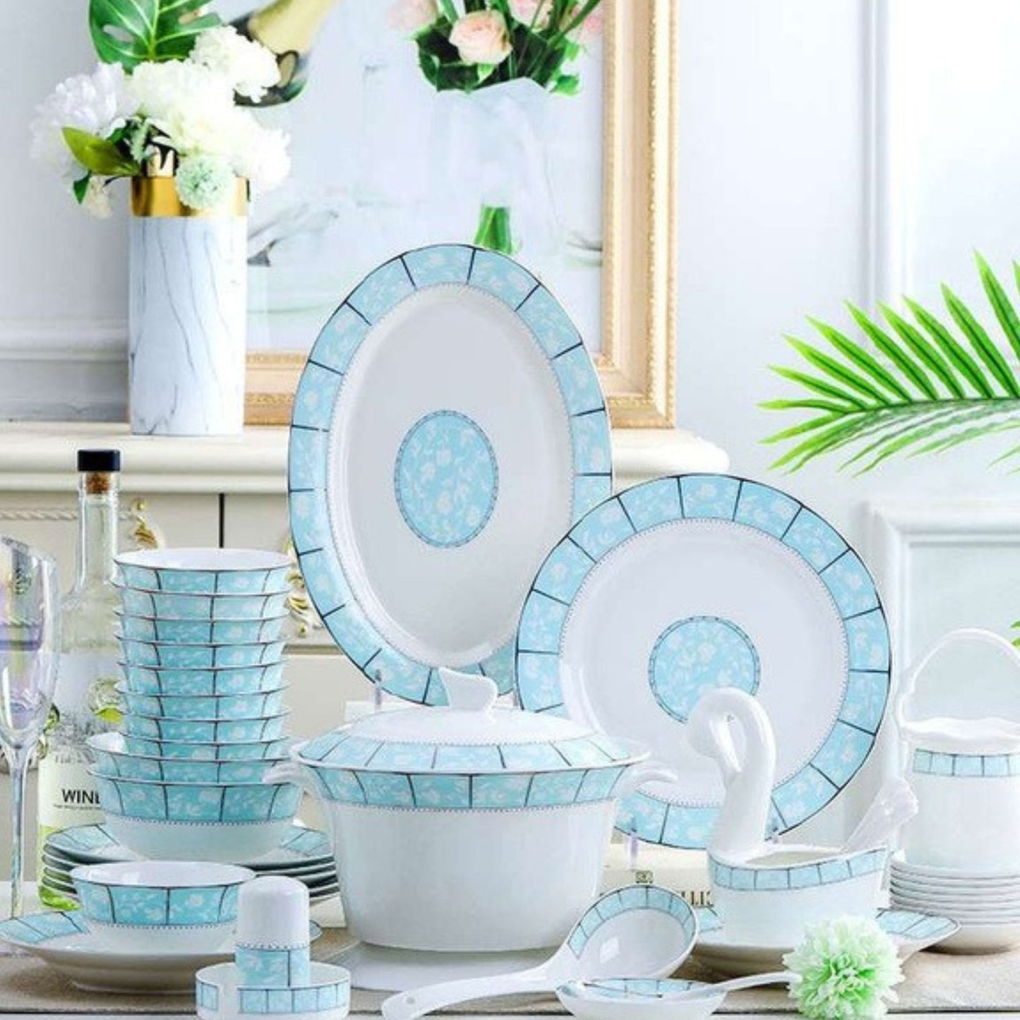 Little Era bone china crockery set with light blue floral design