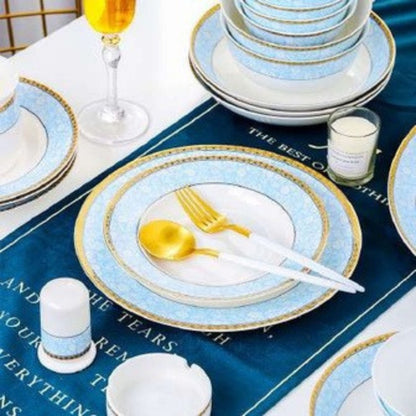 Azure Grace bone china crockery set with light blue floral design and golden edges