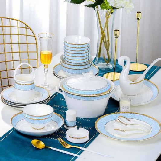 Azure Grace bone china crockery set with light blue floral design and golden edges