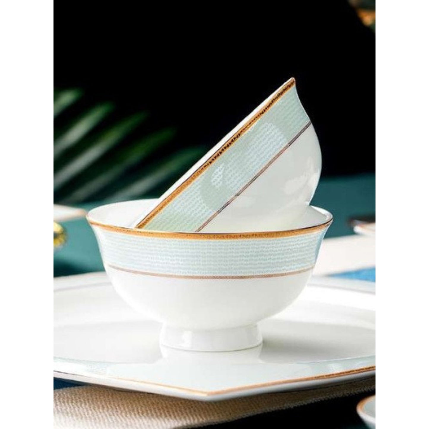 Clear Breeze bone china crockery set with golden lines and golden edges