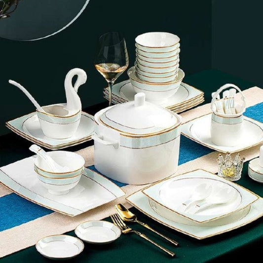 Clear Breeze bone china crockery set with golden lines and golden edges