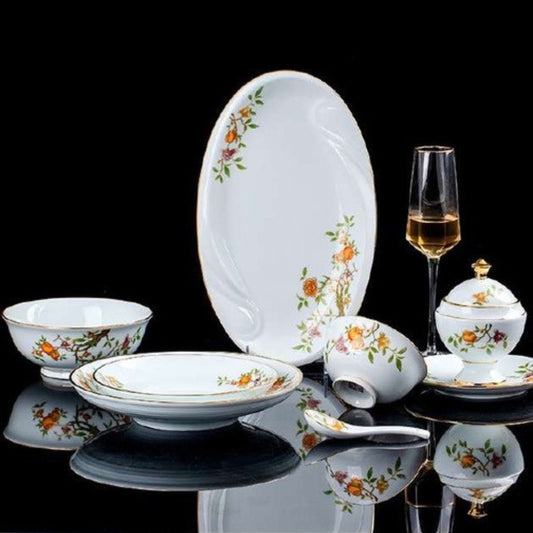 Golden Pomegranate high-fired white porcelain crockery set