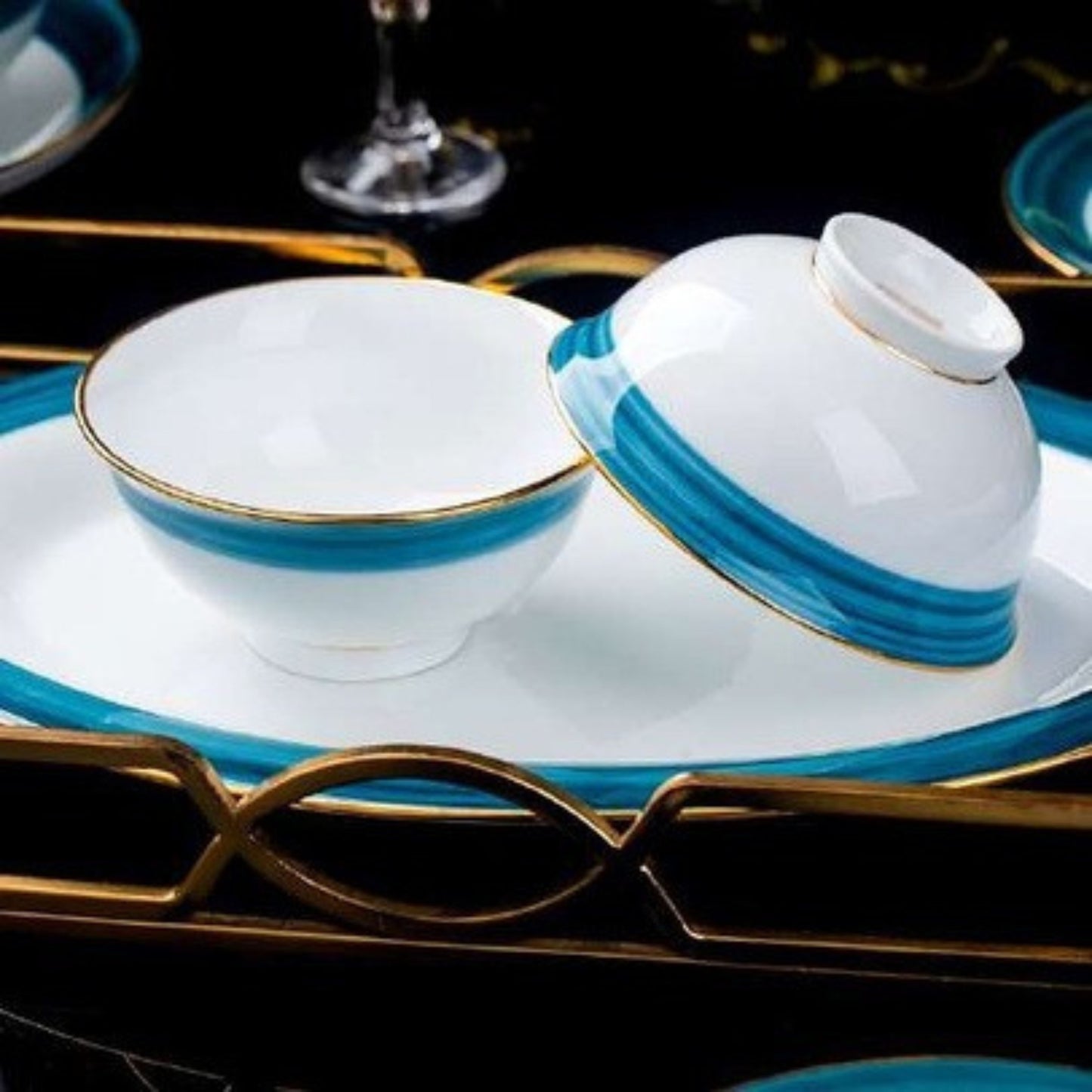 Emerald Blue high-fired white porcelain crockery set