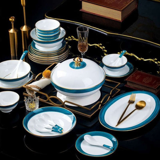 Emerald Blue high-fired white porcelain crockery set