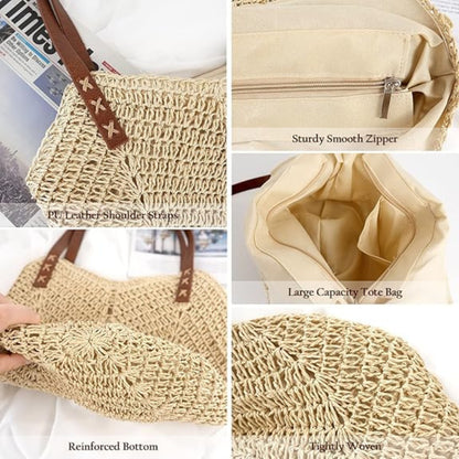 Customizable Straw Tote Bag with Zipper – Stylish & Spacious