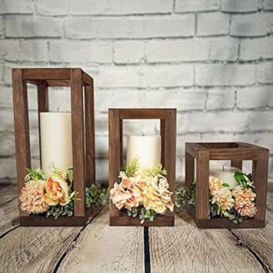 Rustic Wooden Candle Lanterns – Set of 3 Decorative Lanterns
