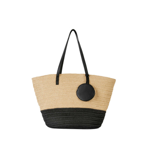 Customizable Woven Straw Bag with Pocket & Leather Tag