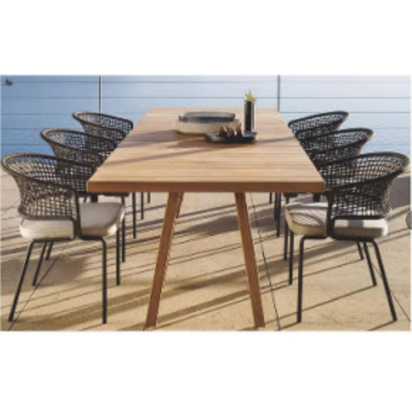 Modern Outdoor Dining & Patio Set – Wood & Aluminum Table with Rope Chairs