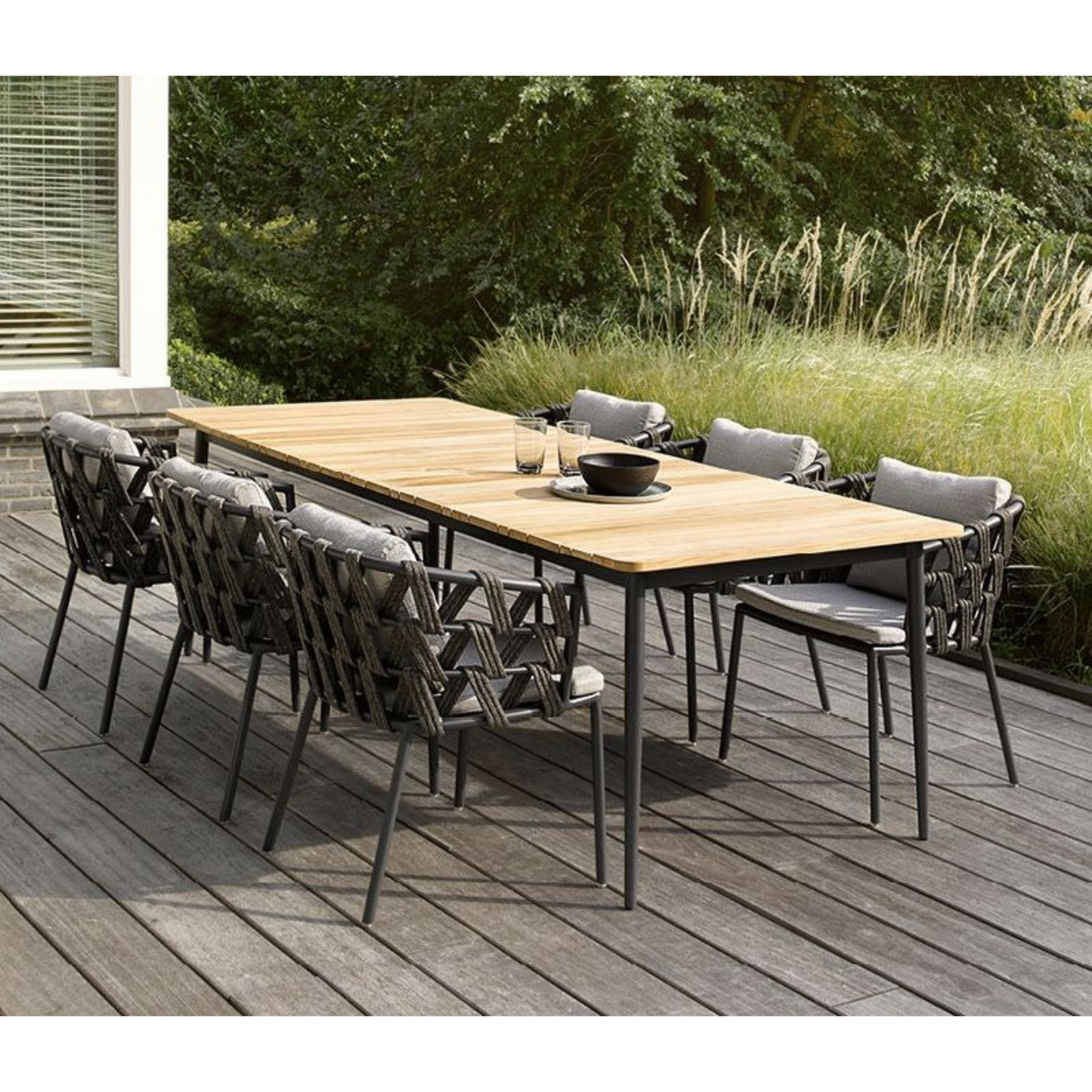 Modern Wood & Aluminum Outdoor Dining Set – Rope Weave Chairs